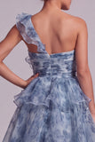 One Shoulder Dusty Blue A Line Ruffled Mother Of the Bride Dress