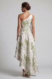 One Shoulder Light Green A Line Printed Mother Of the Bride Dress