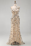 Sparkly Apricot One Shoulder Floral Mermaid Sequins Long Formal Dress