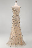 Sparkly Apricot One Shoulder Floral Mermaid Sequins Long Formal Dress