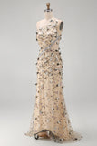 Sparkly Apricot One Shoulder Floral Mermaid Sequins Long Formal Dress