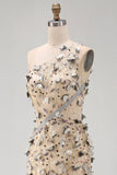 Sparkly Apricot One Shoulder Floral Mermaid Sequins Long Formal Dress