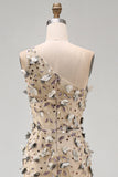 Sparkly Apricot One Shoulder Floral Mermaid Sequins Long Formal Dress