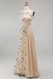 Apricot Illusion Round Neck Sheath Pleated Sequins Long Formal Dress with 3D Appliques