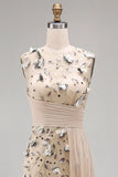 Apricot Illusion Round Neck Sheath Pleated Sequins Long Formal Dress with 3D Appliques