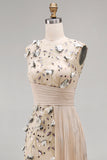 Apricot Illusion Round Neck Sheath Pleated Sequins Long Formal Dress with 3D Appliques
