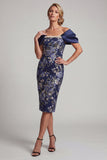 Navy Off the Shoulder Floral Bodycon Midi Mother Of the Bride Dress with Beading