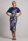 Navy Floral Bodycon Midi Mother Of the Bride Dress with Cape