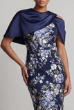 Navy Floral Bodycon Midi Mother Of the Bride Dress with Cape
