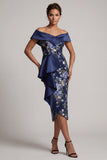 Off the Shoulder Navy Floral Bodycon Midi Mother Of the Bride Dress with Ruffles
