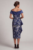 Off the Shoulder Navy Floral Bodycon Midi Mother Of the Bride Dress with Ruffles