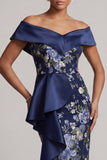 Off the Shoulder Navy Floral Bodycon Midi Mother Of the Bride Dress with Ruffles