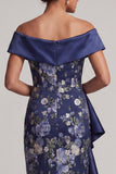 Off the Shoulder Navy Floral Bodycon Midi Mother Of the Bride Dress with Ruffles