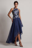 A-Line Navy Floral Halter Neck High Low Mother Of the Bride Dress