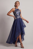 A-Line Navy Floral Halter Neck High Low Mother Of the Bride Dress