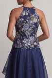 A-Line Navy Floral Halter Neck High Low Mother Of the Bride Dress