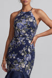 Navy Floral Halter Neck Mermaid Long Mother Of the Bride Dress with Ruffles