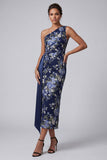 One Shoulder Navy Floral Bodycon Midi Mother Of the Bride Dress with Sash