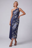 One Shoulder Navy Floral Bodycon Midi Mother Of the Bride Dress with Sash