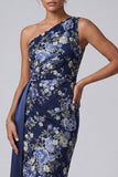 One Shoulder Navy Floral Bodycon Midi Mother Of the Bride Dress with Sash
