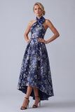 A-Line Navy Floral Halter Neck Jacquard High Low Mother Of the Bride Dress