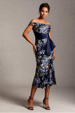 Off the Shoulder Mermaid Navy Floral Jacquard Midi Mother Of the Bride Dress with Slit