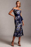 Off the Shoulder Mermaid Navy Floral Jacquard Midi Mother Of the Bride Dress with Slit
