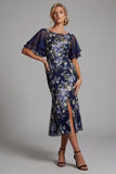 Mermaid Navy Floral Jacquard Bateau Neck Midi Mother Of the Bride Dress with Slit