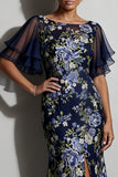 Mermaid Navy Floral Jacquard Bateau Neck Midi Mother Of the Bride Dress with Slit