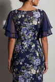 Mermaid Navy Floral Jacquard Bateau Neck Midi Mother Of the Bride Dress with Slit