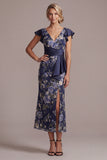 Mermaid Navy Floral V-Neck Jacquard Midi Mother Of the Bride Dress with Slit