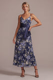 A-Line Navy Floral Spaghetti Straps Midi Mother Of the Bride Dress