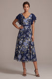 Navy A-Line Floral V-Neck Midi Mother Of the Bride Dress with Slit