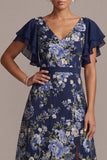 Navy A-Line Floral V-Neck Midi Mother Of the Bride Dress with Slit