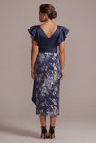 Navy Floral Bodycon V-Neck Ruffled Midi Mother Of the Bride Dress with Slit