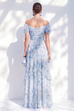 A-Line Blue Off the Shoulder Chiffon Floral Long Mother Of the Bride Dress