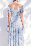 A-Line Blue Off the Shoulder Chiffon Floral Long Mother Of the Bride Dress