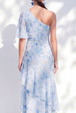 Chiffon Mermaid Blue Floral One Shoulder Ruffled Long Mother Of the Bride Dress with Slit
