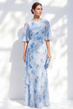Mermaid Light Blue Chiffon Floral Ruffled Bateau Neck Long Mother Of the Bride Dress