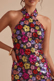 Sparkly Black Floral Halter Neck Bodycon Sequins Homecoming Dress