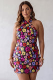 Sparkly Black Floral Halter Neck Bodycon Sequins Short Formal Dress