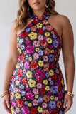 Sparkly Black Floral Halter Neck Bodycon Sequins Short Formal Dress