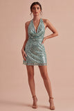 Sparkly Light Green Halter Neck Tight Mini Sequins Cocktail Dress