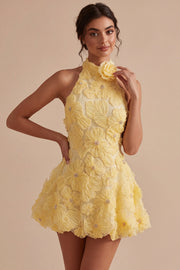 A-Line Daffodil Floral Halter Neck Short Formal Dress with Beading