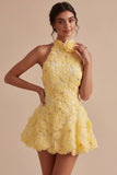 A-Line Daffodil Floral Halter Neck Homecoming Dress with Beading