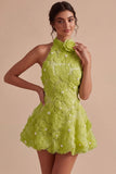 A-Line Daffodil Floral Halter Neck Short Formal Dress with Beading