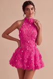 A-Line Daffodil Floral Halter Neck Short Formal Dress with Beading