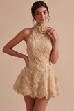 A-Line Daffodil Floral Halter Neck Short Formal Dress with Beading