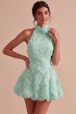 A-Line Daffodil Floral Halter Neck Short Formal Dress with Beading