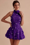 A-Line Daffodil Floral Halter Neck Short Formal Dress with Beading